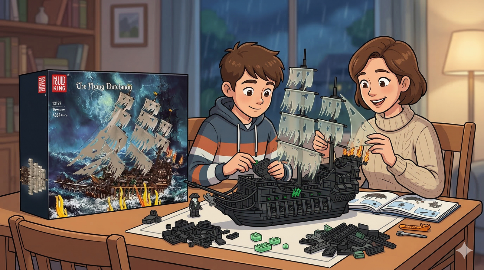 The ship, modeled after "The Flying Dutchman," features multiple masts with tattered, ghostly white sails. Bricks, instruction manuals, and a small pirate figurine are scattered across the table.